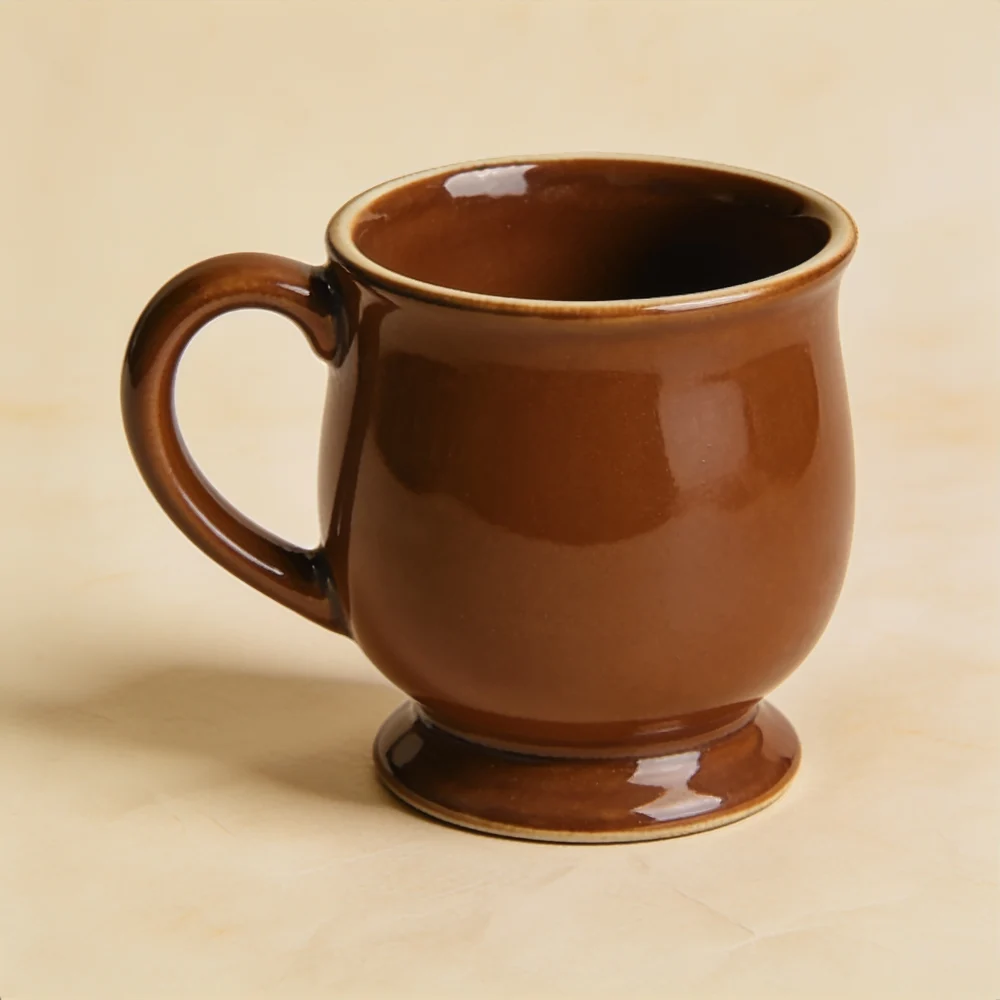 Thick-walled ceramic diner mug with distinct raised pedestal foot, curved C handle, glossy coffee brown glaze