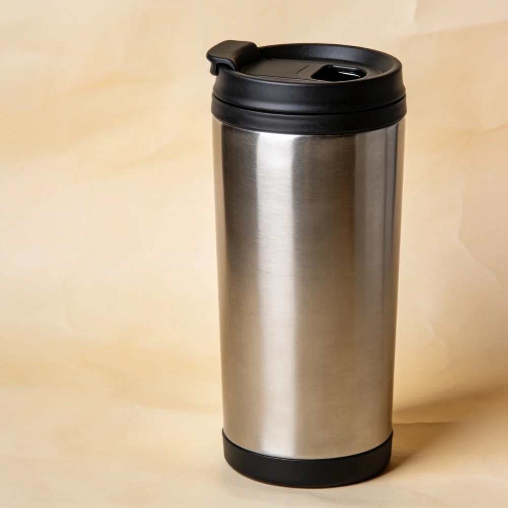 Tall brushed stainless steel cylindrical travel mug without handle, black polymer screw-on lid with small drinking opening, lid attached
