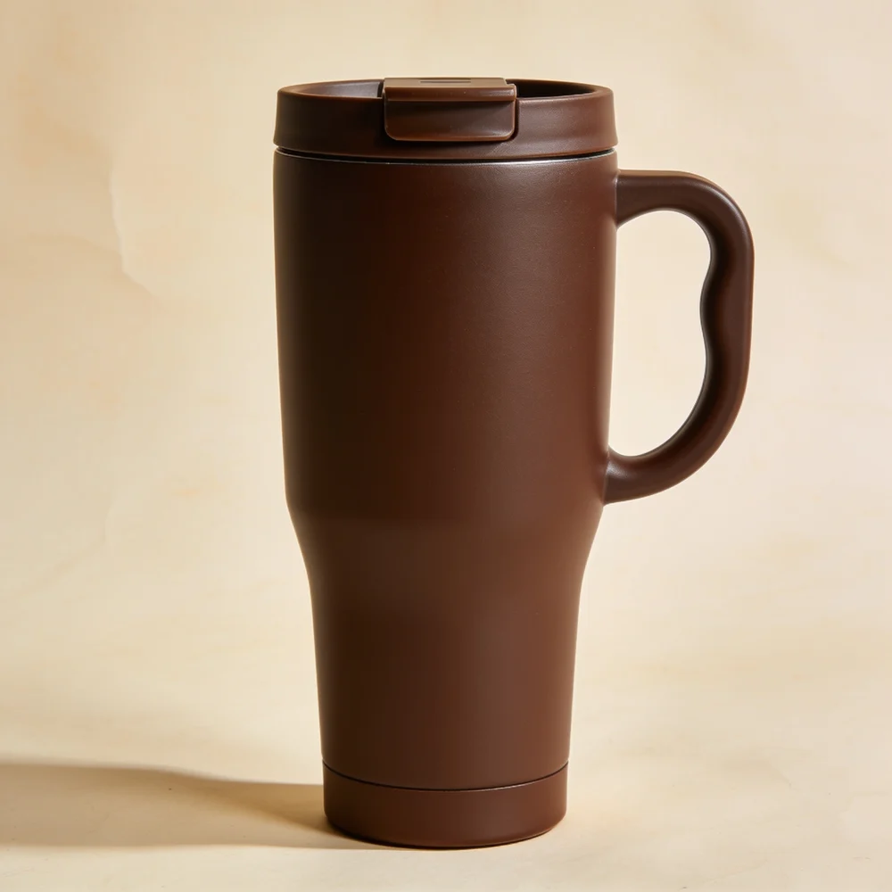 Double-wall deep coffee brown polymer commuter travel mug with narrow base, integrated open curved handle and matching polymer slide-top lid attached