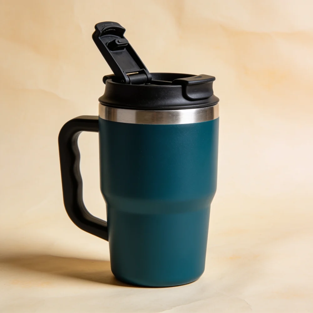 Compact teal stainless steel travel mug with polymer handle and black hinged flip lid